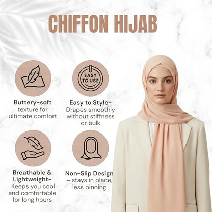 NOOR Chiffon Hijab Set for Women - Pack of 5 Lightweight Non-Slip Scarves, Premium Breathable Fabric, Gift-Ready Packaging - color: Mix Colors 1