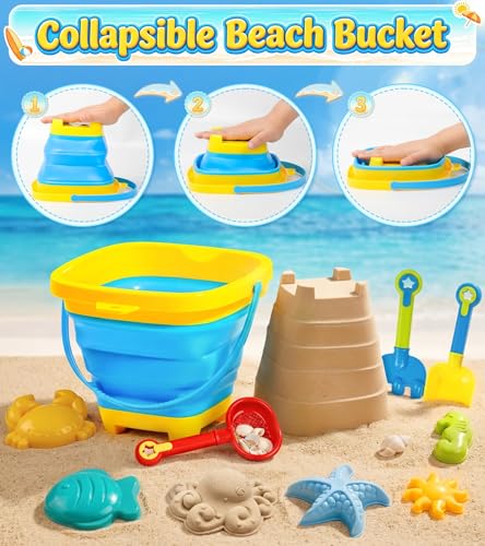 Collapsible Beach Sand Toys for Kids Toddlers, Collapsible Sand Bucket with Water Wheel Sifter Shovels Set with Mesh Bag and Sand Molds, Travel Beach Sandbox Toys for Boys Girls 3 4 5 6 7 8 9 10+