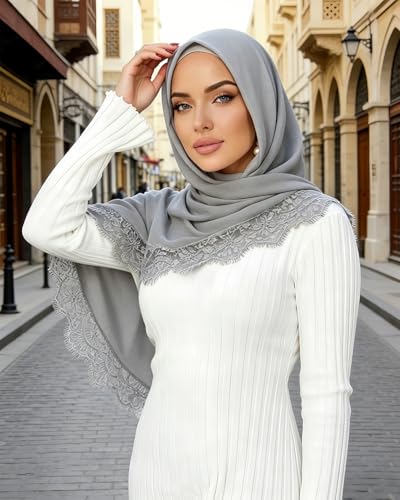 JUMISEE Elegant Floral Lace Hijab Scarf for Women Soft Cotton Head Wrap Instant Hijab Long Scarves Evening Dress Shawl - color: Gray