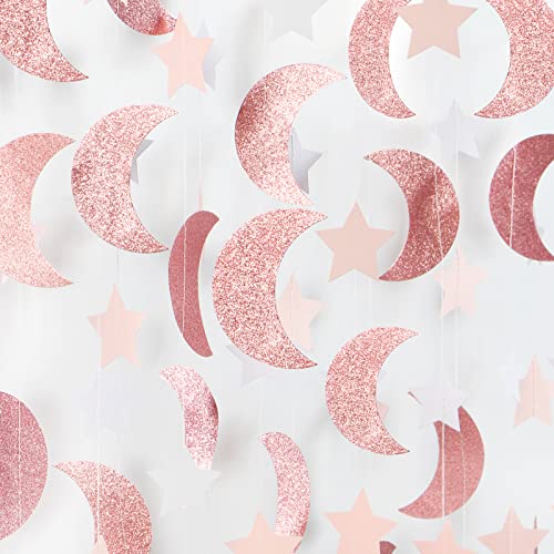 Pink Rose-Gold Moon-Star Party-Decorations Garland - 52Ft Twinkle Little Star Hanging Decoration Streamers Banner, Eid Ramadan Mubarak Decoration Birthday Wedding Baby Shower Party Decor Panduola - color: Pink Rose Gold Moon Star