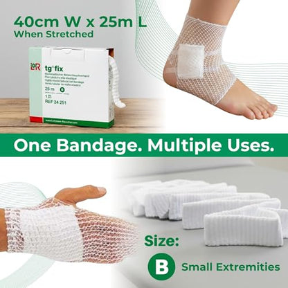 Lohmann & Rauscher tg Fix Net Tubular Bandage, Elastic, Size B, 40cm x 25m | Wide-mesh bi-elastic tubular net bandage that holds wound dressings in place without tape - size: Size B - Small Extremities