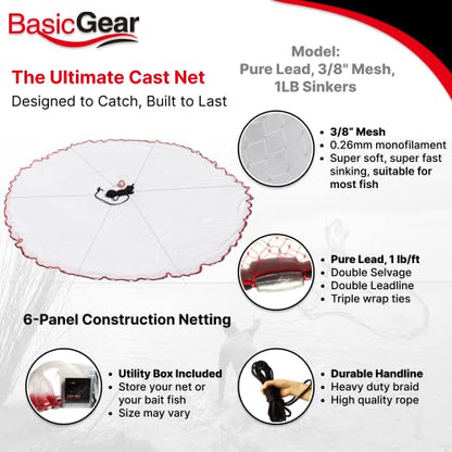 Cast Net, Lead, 3-12ft Radius, 3/8 and 1/4 in Mesh, for Bait Fish | Stainless Steel Swivel, Neoprene Wrist Strap, Repair Kit Included, Storage Box Included - size: 6ft Radius, 3/8" Mesh, 1LB Sinkers