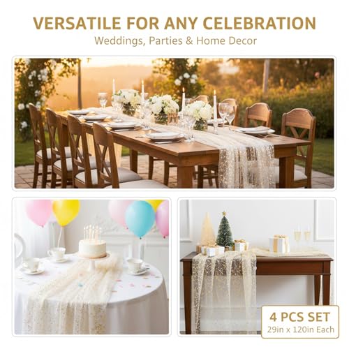 4PCS Gold Sequin Table Runner, 29x120 Inch Sheer Tulle Metallic Foil Table Runners for Wedding Birthday Party Anniversary Holiday Table Decor