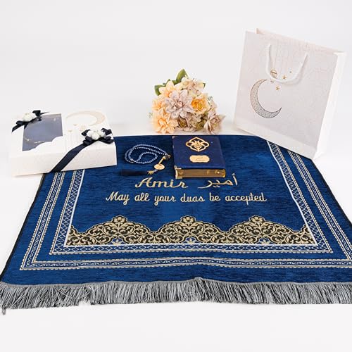 IEF Personalized Prayer Rug Prayer Beads Quran Islamic Gift Set, Ramadan Eid Hajj Umrah Wedding Birthday Mother's Day Father's Day Valentine's Day Gifts (Navy Blue) - color: Navy Blue