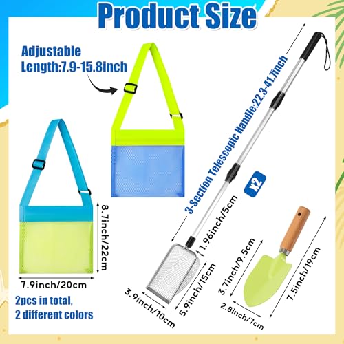 Beach Sand Sifter Set – 2 Retractable Sand Screens, Metal Shovel & 2 Seashell Mesh Bags, Adjustable Handle Scoop Tool for Beachcombing Collecting Shells Shark Teeth Treasure Hunting
