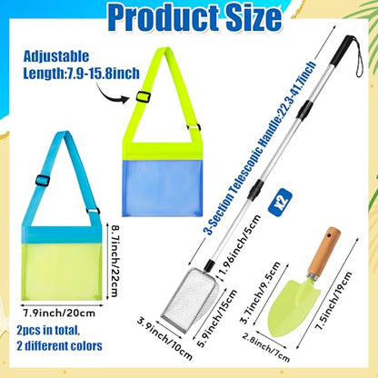Beach Sand Sifter Set – 2 Retractable Sand Screens, Metal Shovel & 2 Seashell Mesh Bags, Adjustable Handle Scoop Tool for Beachcombing Collecting Shells Shark Teeth Treasure Hunting