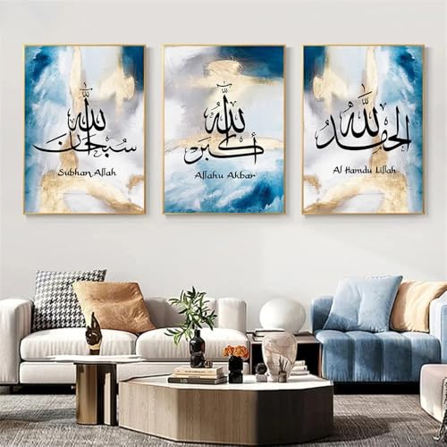 fafawmp Set of 3 Islamic Calligraphy Abstract Blue Gold Poster Muslim Canvas Painting Arabic Wall Art Print Picture Living Room Decor-Unframed - color: F10, size: 40x60cm