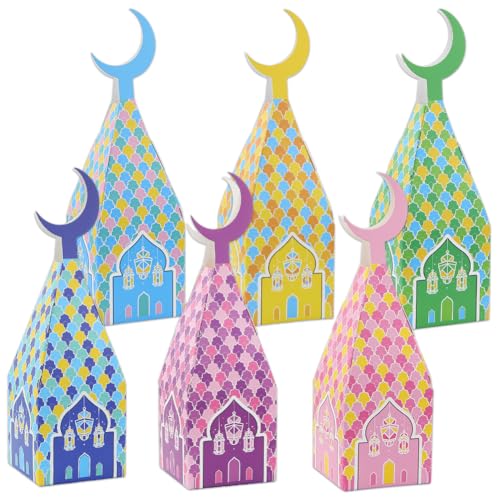 Eid Mubarak Treat Boxes,6Pcs Castle Moon Pattern Goodie Gift Boxes Ramadan Kareem Theme Candy Boxes for Muslim Islamic Eid Iftar Diwali Arty Favor Supplies, 6 Colors