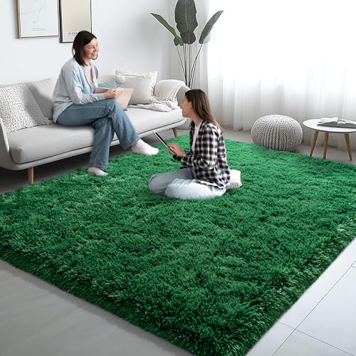 6x9 Dark Green Fluffy Shaggy Area Rug, Soft Large Carpet for Living Room - color: Dark Green, size: 6' x 9' (Rectangular)