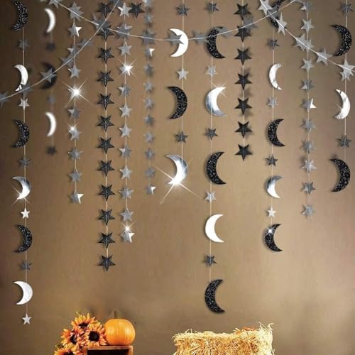 Cheerland Black Silver Moon Garland Twilight Birthday Decoration Star Streamer Gothic Party Decor Garland Ramadan Eid Mubarak Glitter Banner Celestial Wedding Baby Shower Summerween Halloween Decor - color: Black