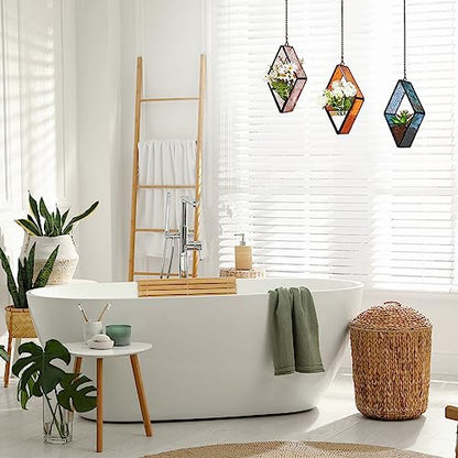 Yaomiao 3 Pcs Stained Glass Hanging Plant Terrariums Hanging Glass Planter Small Geometric Terrarium Air Plant Terrarium with Chain for Succulent Moss Holders Garden Wall Windowsill (Vivid Color)
