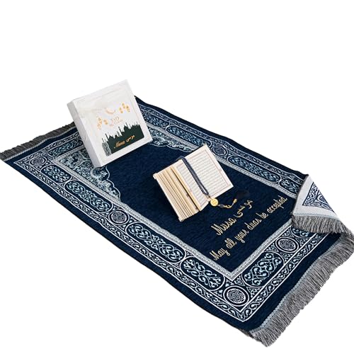IEF Personalized Embroidered Prayer Rug Prayer Beads Yaseen Dua Book Quran Islamic Gift Set Ramadan Eid Hajj Umrah Wedding Birthday Mother's Day Father's Day Valentine's Day Gifts (Navy Blue) - color: Navy Blue