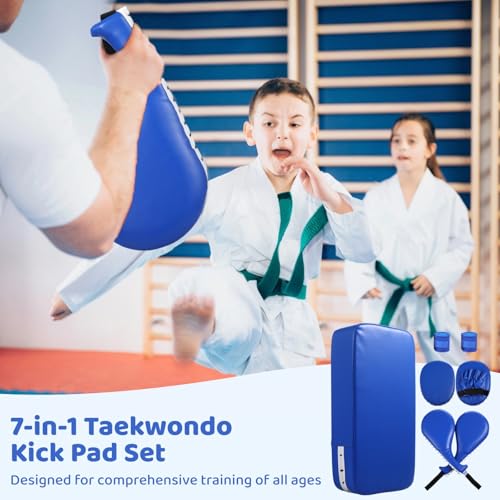 7 in1 Taekwondo Kick Pad Set, Boxing Training Equipment, Martial Art Kicking Pad, PU Leather Boxing Focus Pad, Target Punching Pads and Hand Wraps for Karate, Sparring, MMA, Muay Thai - color: Blue