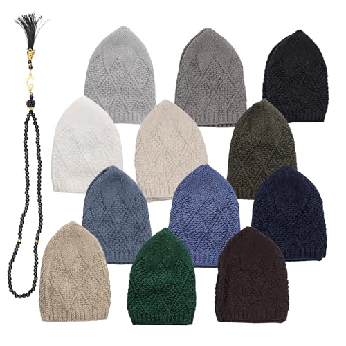 Men's Knit Kufi Muslim Prayer Cap Set with Tasbih Beads Multi Packs - color: Oltu- Mix 5