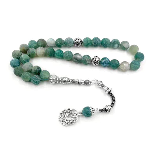 Tasbih Natural Green Agate Stone Blue Metal Tassel 33 45 66 99 Prayer Beads Islamic Fashion Stone Muslim Rosary (10mm x 66beads) - size: 10mm x 66beads