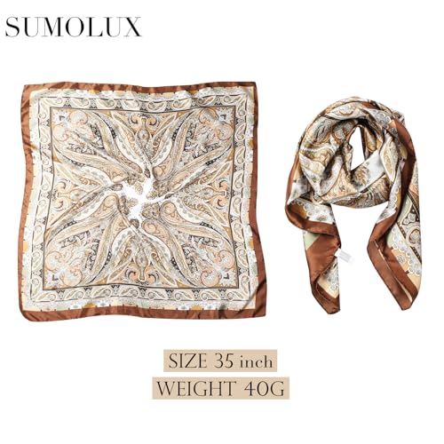 Sumolux Head Hair Scarf for Women 35" Like Satin Silk Scarf Hair Wrapping Night Bandana Large Square Scarves - color: B Brown Cashew