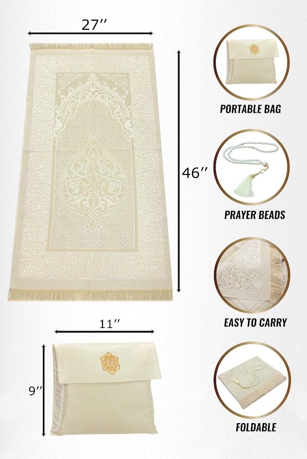 ihvan online Muslim Prayer Rug with 99 Beads Tasbih & Travel Bag, Soft Taffeta Sajadah, Lightweight & Foldable Janamaz, Portable Prayer Mat, Islamic Gift for Eid, Ramadan, Hajj & Umrah, Ecru - color: Ecru