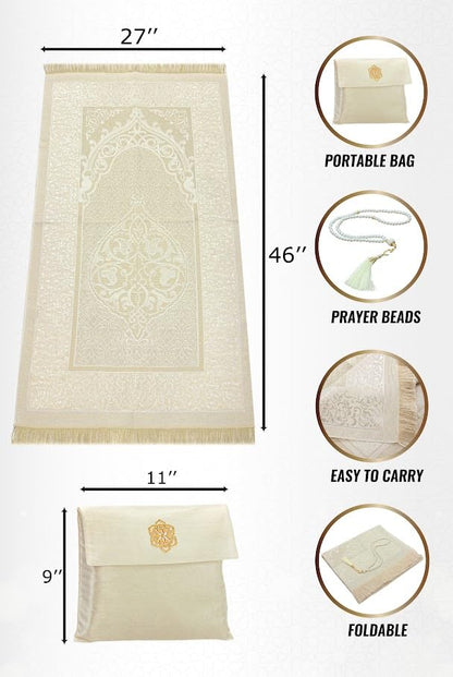 ihvan online Muslim Prayer Rug with 99 Beads Tasbih & Travel Bag, Soft Taffeta Sajadah, Lightweight & Foldable Janamaz, Portable Prayer Mat, Islamic Gift for Eid, Ramadan, Hajj & Umrah, Ecru - color: Ecru