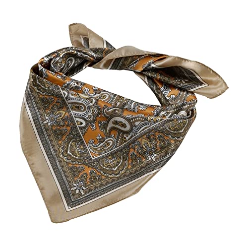 QBSM Womens 23.6 inch Satin Silk Feeling Formal Square Neck Scarf Head Hair Wraps Kerchief - color: Cashew Flowers-camel