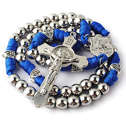 HanlinCC St.Michael Large Stainless Steel Catholic Paracord Rosary for Men - color: Blue