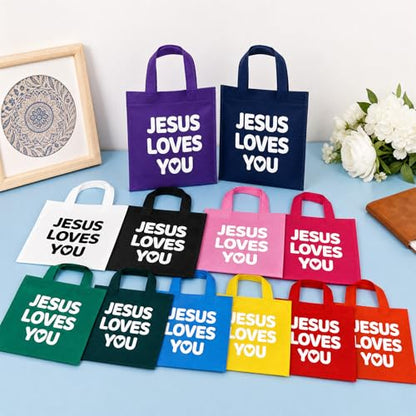 48 Pcs Christian Gift Bags Bulk Reusable Jesus Loves You Gift Bags with Handles, Non Woven Religious Gifts Bag for Church First Communion VBS Baptism Ramadan Party Favor Goodie Treat Bag (12 Colors)