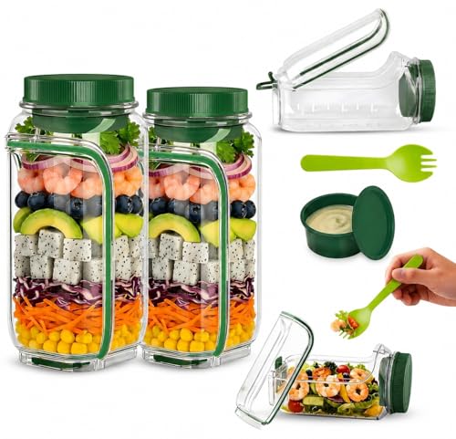 2-Pack Salad Pod Portable Salad Jar with Leakproof Dressing Container, Meal Prep, Food Storage Container for Office, Work, Travel, Picnic, Gym and Outdoor Use - size: 2000 ml (Pack of 2)