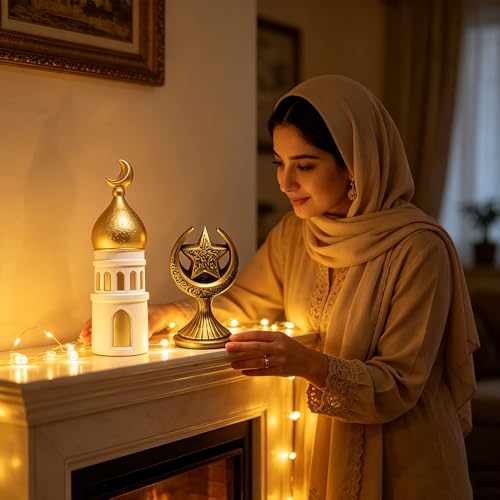 2PCS Ramadan Decoration for Table Set– Islamic Crescent Moon & Mosque Tower + Crescent Star Statues Table Centerpiece, Eid Mubarak Home & Office Decorations, Islamic Festival Decor Gift