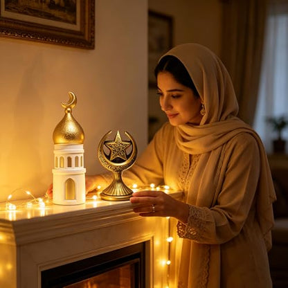 2PCS Ramadan Decoration for Table Set– Islamic Crescent Moon & Mosque Tower + Crescent Star Statues Table Centerpiece, Eid Mubarak Home & Office Decorations, Islamic Festival Decor Gift