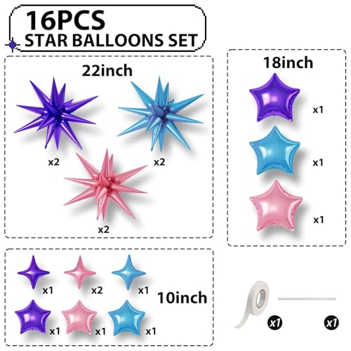 Pink Purple Blue Star Balloons,16Pcs 22/18/10 Inch Foil Mermaid Decor Set - color: Pink Purple Blue
