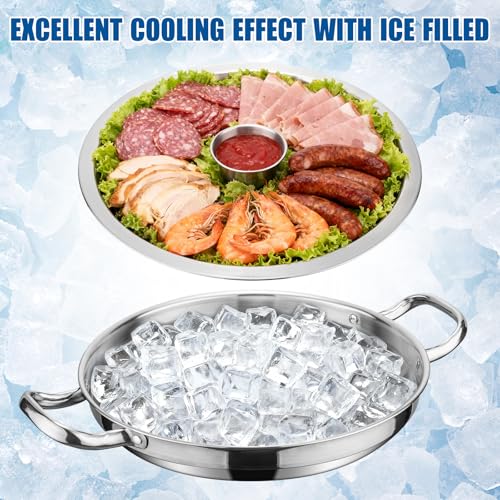 3-Set 12 Inch Chilled Serving Trays, Shrimp Cocktail Serving Dish, Cold Charcuterie Board with Ice Trays for Appetizer Oyster Salad Fruit Buffet Parties, Dishwasher Safe, Stainless Steel 18/10 - size: 3-Set Round