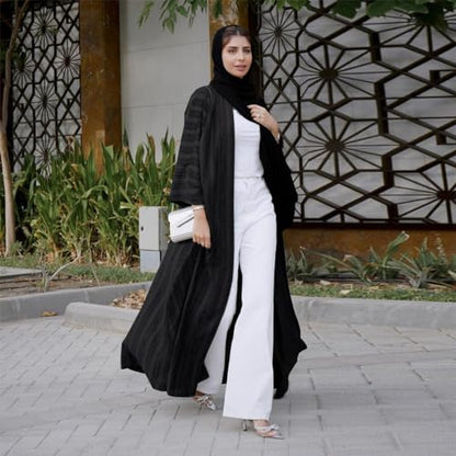 Womens Muslim Kimono Abaya Solid Striped Retro Ethnic Cardigan Robe Dubai Middle Eastern Saudi Arabia Eid Clothes - color: Black Cardigan + Hijab, size: Small