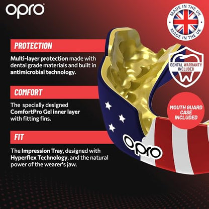 OPRO Instant Custom-Fit Mouthguard – Dentist Level Gum Shield Adult and Kids – OPRO Mouth Guard Boxing and MMA, Self-Fit Gum Shield Rugby – Maximum Protection with Dental Warranty (Black/Gold/Gold) - color: Usa, size: Adult (10+)