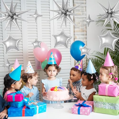 Silver Star Balloons,16Pcs 22/18/10 Inch Birthday Graduation Decorations - color: Silver