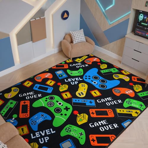 STARUIA Gamer Area Rug for Boys Room, 5x7 Washable Kids Rug for Boy Bedroom, Soft Black Cool Teens Video Games Console Carpet Kids Room Rugs for Game Room Playroom Living Room - color: Black, size: 5x7
