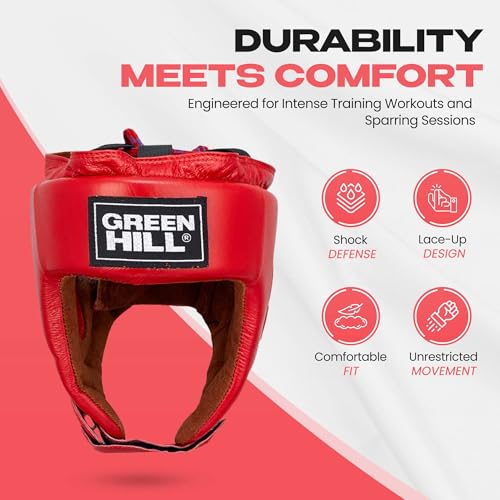 Boxing Headgear for Men & Women – MMA & Muay Thai Sparring Gear, Five Star AIBA-Approved Leather Head Guard - color: Red