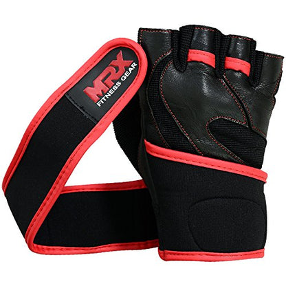 MRX Weight Lifting Pro Level Gloves with 18 Inches Long Wrist Strap Gym Workout Exercise & Fitness in - color: Black/Red-2615, size: Small
