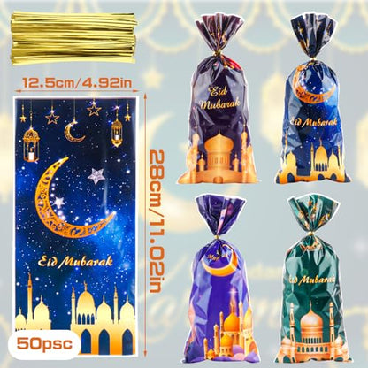 LERCTH 50 PCS Ramadan Eid Mubarak Gift Bags with Gold Twist Ties - 4.9x10.7 Inch Metallic Foil Treat Bags, Moon Star Design Party Favor Bags for Islamic Holiday Celebrations - color: Ramadan Bags 50 pack