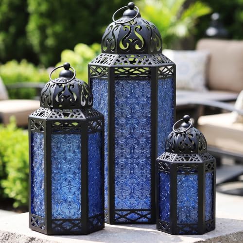 VELA LANTERNS Set of 3 Cobalt Blue Glass & Black Metal Moroccan Candle Lantern Holders (XL, Large, Small) - Decorative Indoor/Outdoor Decor for Patio, Floor, Weddings & Ramadan - color: Cobalt