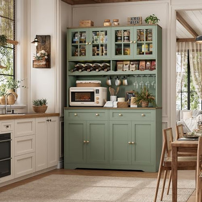HOSTACK 75" Kitchen Pantry Storage Cabinet, Coffee Bar Hutch Cabinet, Green | Tall Pantry Cabinet with Charging Station / Wide Countertop / Glass Doors / Wine Rack / Cup Holder / Drawers, Dining Room - color: Green