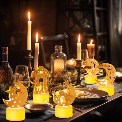 Aurelema 24Pcs Ramadan Mubarak Flameless LED Candles Lights Eid Mubarak Candle Star Moon Battery Operated Lamp Electric LED Muslim Ramadan Night Light Gift for Eid Home Table Party Supplies(Assorted)