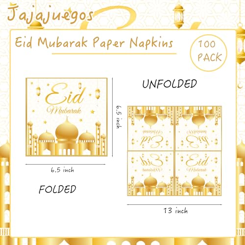 100Pcs Eid Mubarak Paper Napkins White and Gold Moons Stars Guest Lunch Dinner Tableware Disposable Dessert Napkin Set for Muslim Kitchen Holiday Party Supplies Decoration,6.5 x 6.5 inch