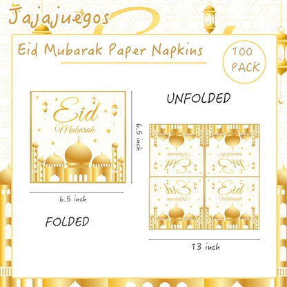 100Pcs Eid Mubarak Paper Napkins White and Gold Moons Stars Guest Lunch Dinner Tableware Disposable Dessert Napkin Set for Muslim Kitchen Holiday Party Supplies Decoration,6.5 x 6.5 inch