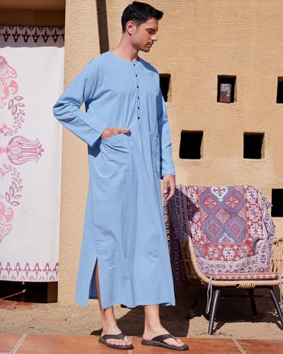 YAOHUOLE Kaftan for Men Long Sleeve Muslim Men Thobe Kaftan Thobe with Pockets - color: Blue, size: XX-Large