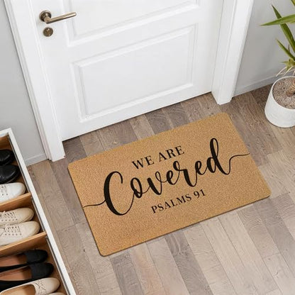 We are Covered Psalm 91 Door Mat, Christian Bible Verse Front Door Mat Rug Outdoor Indoor Entrance, Religious Scripture Artificial Coir Doormat for House Porch Patio Entry, 30x17 Inch