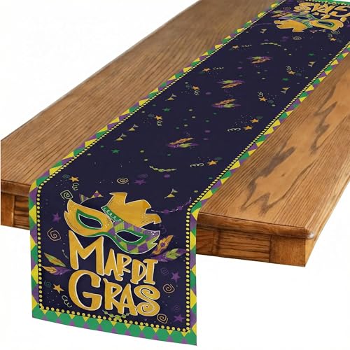 Mardi Mask Gras Linen Tablerunner - New Orleans Masquerade Dancing Purple Masks Table Runner Decorations Perfect for Carnival Party Brazil Festival Home Kitchen Dining Mantel 13×72Inches(1 Pcs) - color: Mardi Mask Gras