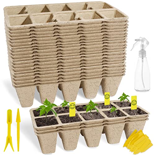 200 Cells Seed Starter Tray, 20 Pack Biodegradable Seed Starter Kit, Peat Pots for Seedlings with 200 Plant Labels, 2 Seed Planting Tool and 1 Spray Bottle