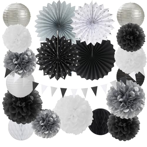 Black White Silver Party Decorations - 20pcs New Year Men Birthday Paper Lanterns Fans,Tissue Pom Poms,Honeycomb Balls,Bunting,Wedding Bachelorette Bridal Graduation Baby Decor Burgleda - color: Black White Silver