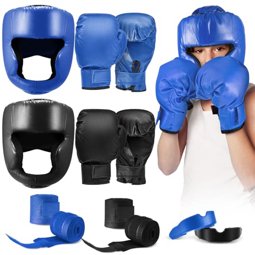 Kanayu 12 Pcs Kids Boxing Equipment Set for Beginners Ages 6-18 Years Including Boxing Helmet and Gloves Hand Wraps Sport Mouthguards Taekwondo Sparring Gear for Kids and Children - color: Blue, Black