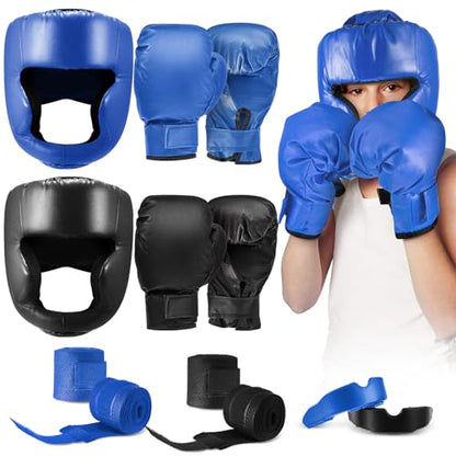 Kanayu 12 Pcs Kids Boxing Equipment Set for Beginners Ages 6-18 Years Including Boxing Helmet and Gloves Hand Wraps Sport Mouthguards Taekwondo Sparring Gear for Kids and Children - color: Blue, Black
