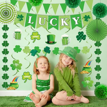St. Patrick's Day Decorations Kit Shamrock Garlands Hanging Swirls Lucky Banner for Saint Patrick's Day Party Decor, Green Paper Fans Pom Poms Irish Decor for Home Saint Patrick Party Supplies - style: St. Patrick's Day